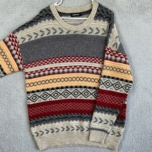 Vamtac Sweater Crew Neck Mens Medium Gray Tan Aztec Knit Long Sleeve Pullover